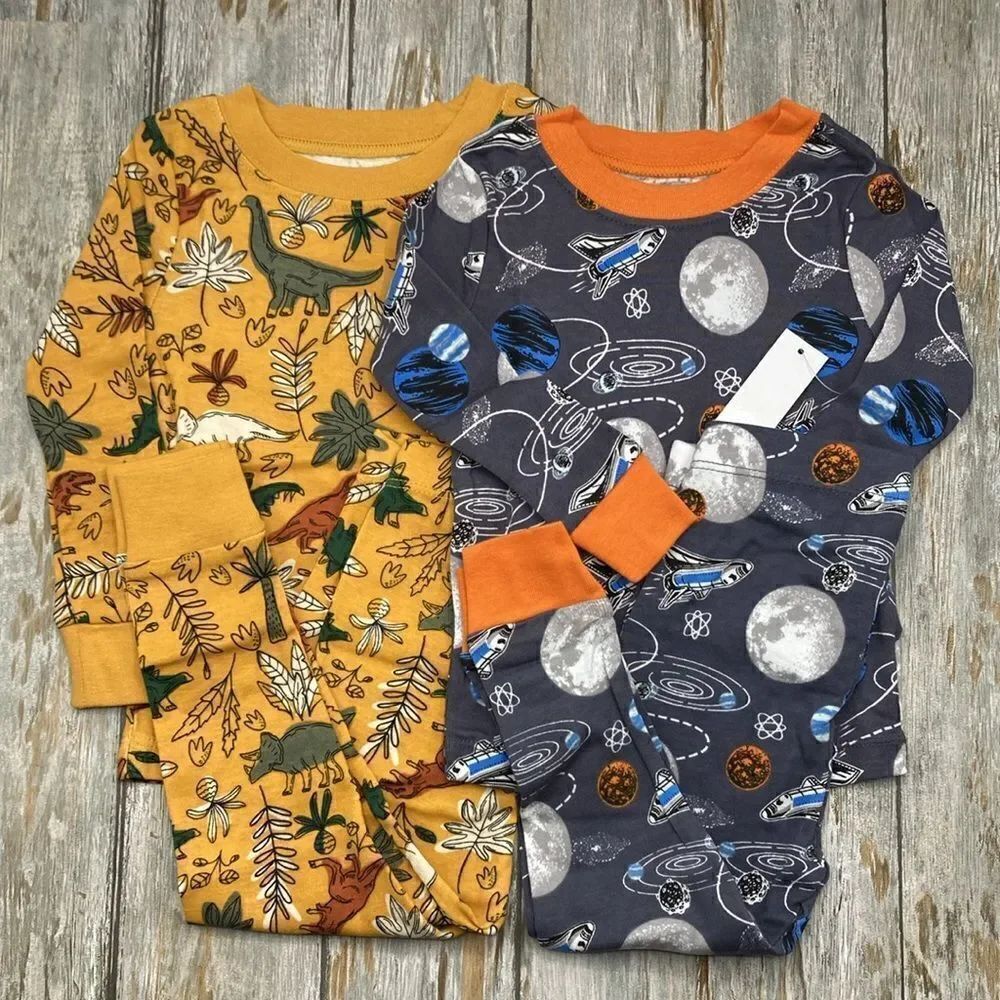 Dinosaur & Spaceship Cotton Long Sleeve Tight Fit Pajamas 2, 2-Pc Sets Size 18M